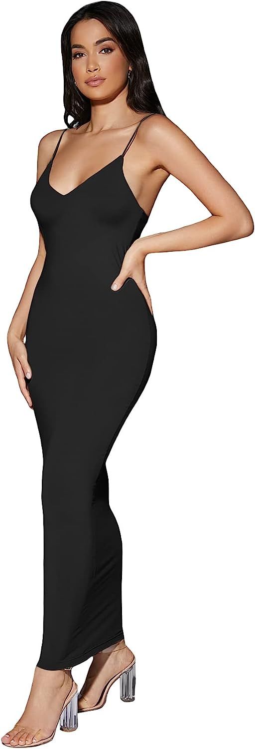 GORGLITTER Women's Solid Skims Dupes Dress Sleeveless Bodycon Maxi Strappy Cami Dresses | Amazon (US)