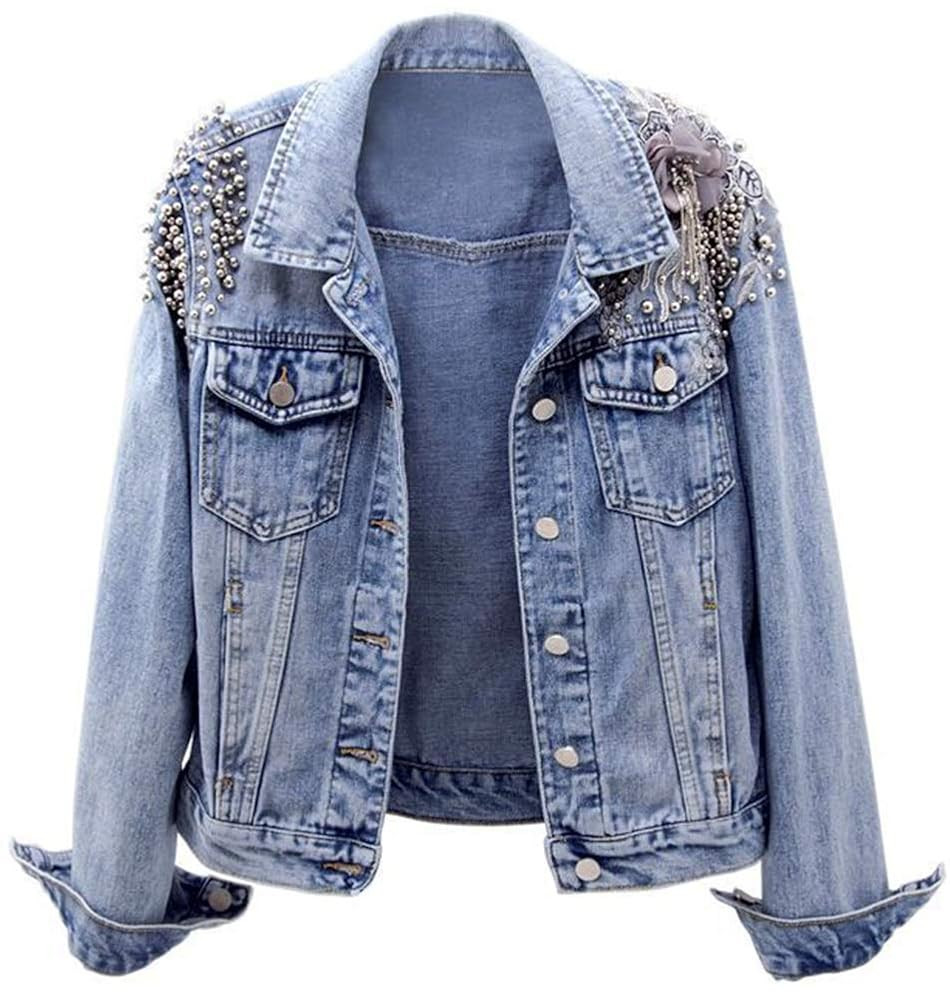 Kedera Women's Denim Jacket Long Sleeve Western Rivet Studded Washed Pearl Short Jean Coat | Amazon (US)