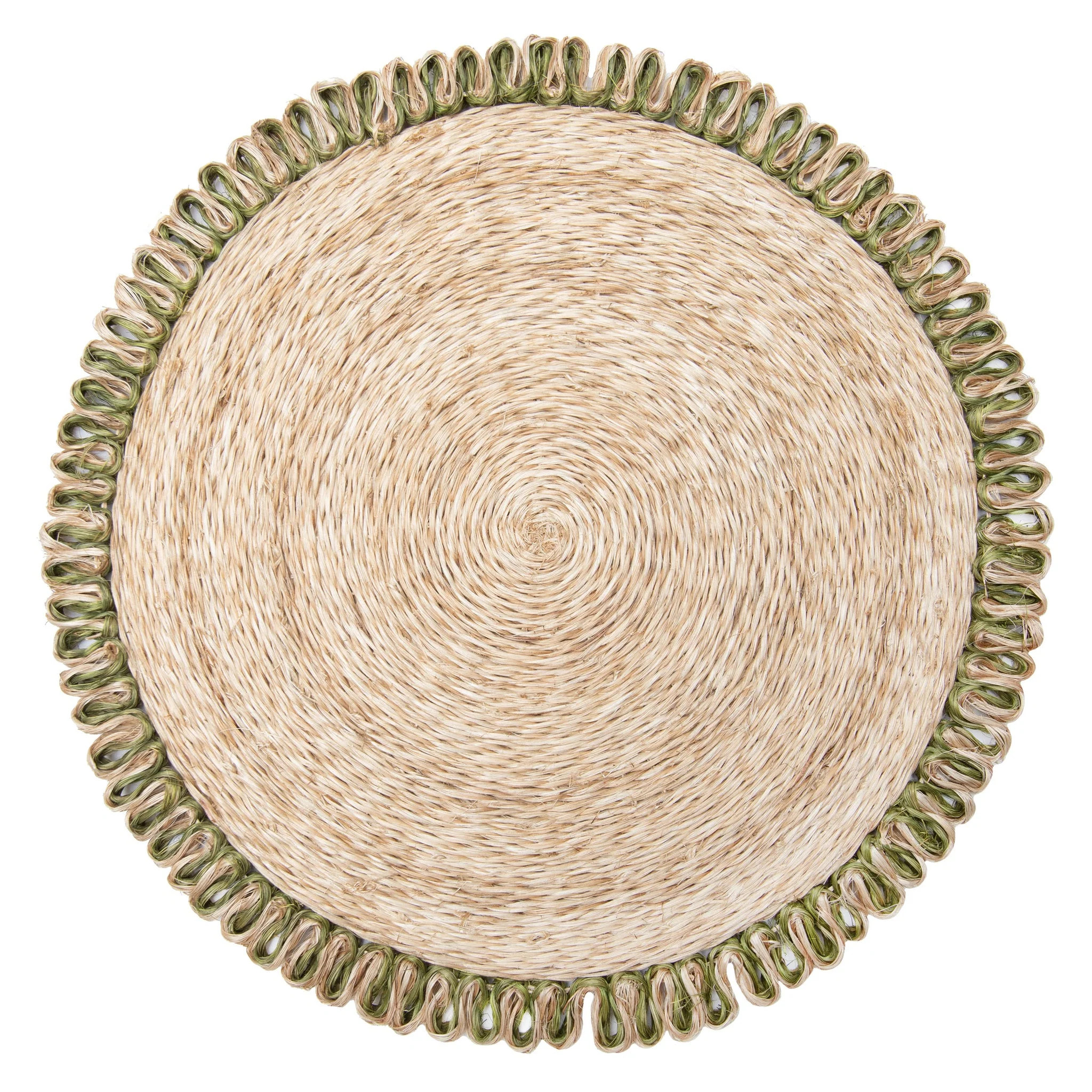 Loopy Abaca Natural & Olive Green 15" Round Placemats - Set of 4 | Couleur Nature
