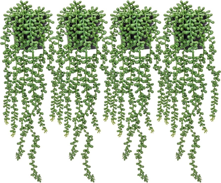 4 Pcs Artificial String of Pearls Plant in Black Pots Faux Realistic Succulents Fake Wall Hanging... | Amazon (US)