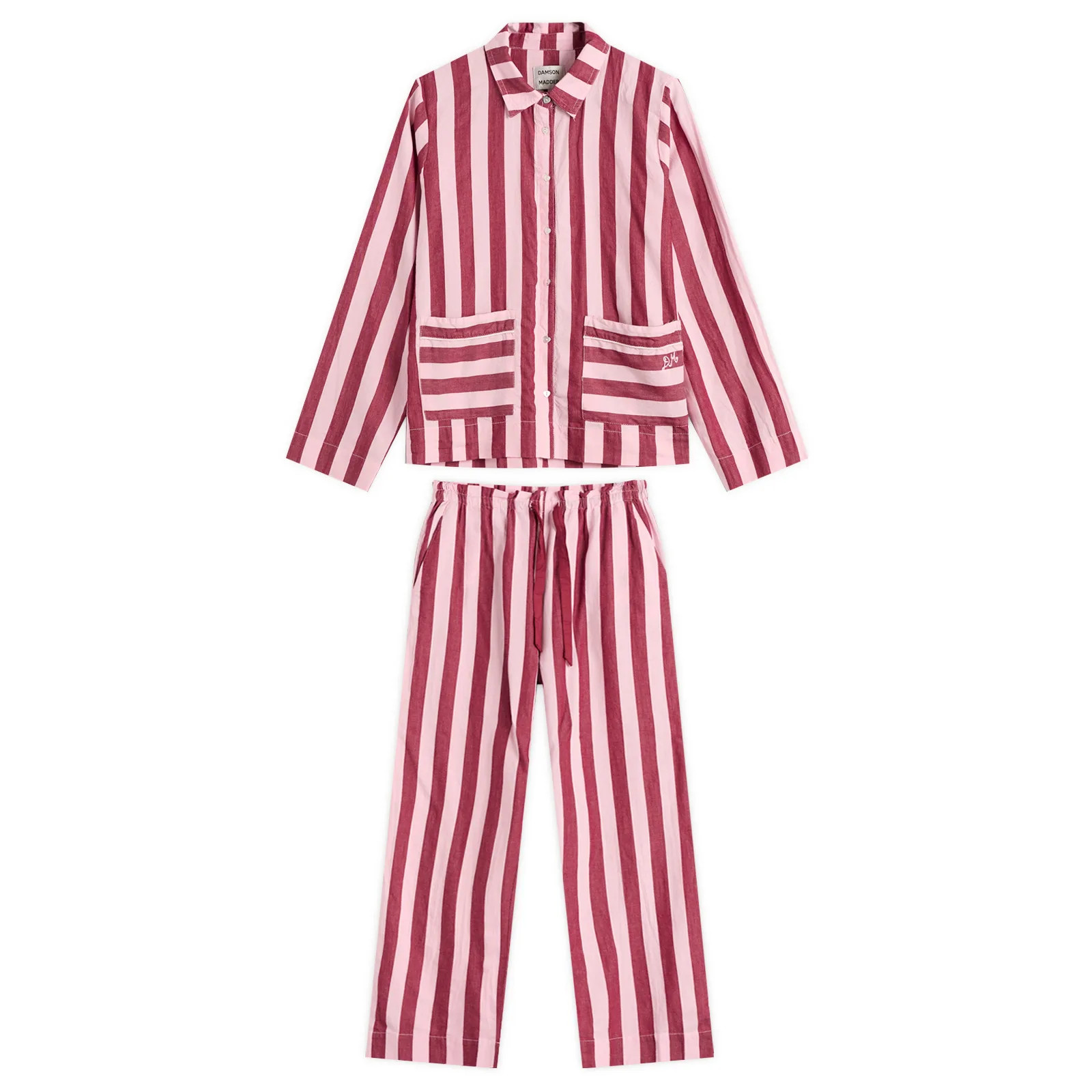 Damson Madder Women's Florie PJ Set in Burgundy/Pink Wide Stripe, Size UK 10 | END. Clothing
