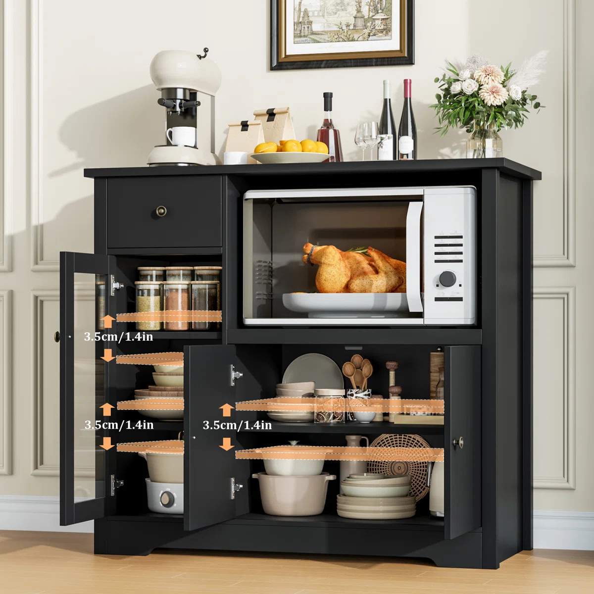 35.4" Wide  Kitchen Pantry, Food Pantry wih Cupboard, Drawer, and Microwave Cube | Wayfair North America