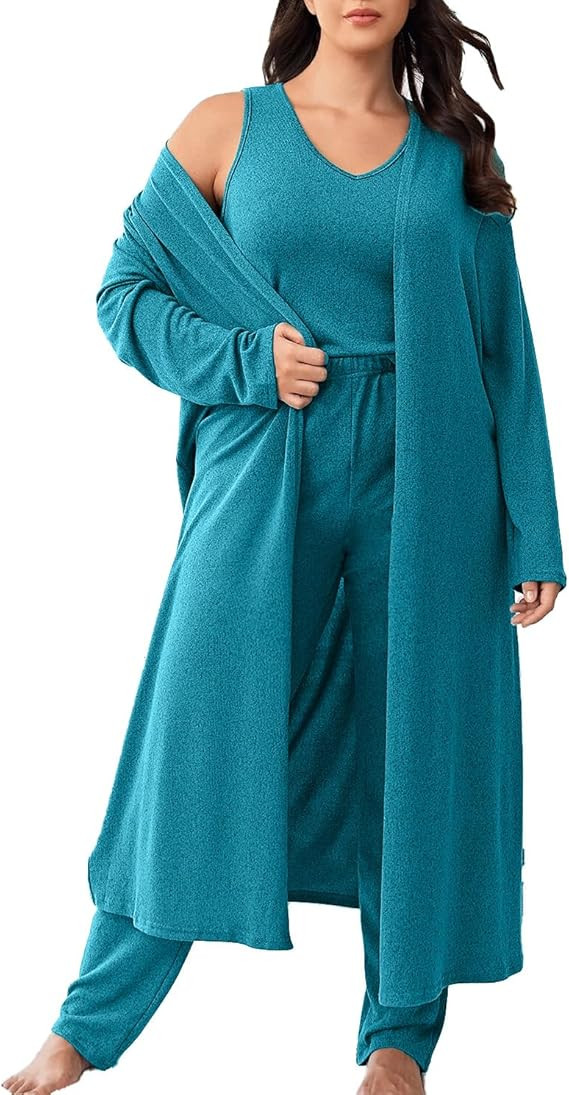 plus size 3 Piece Casual Cardigan Vest Pants Set, Women's Pajama Loungewear Set Casual Homewear S... | Amazon (US)