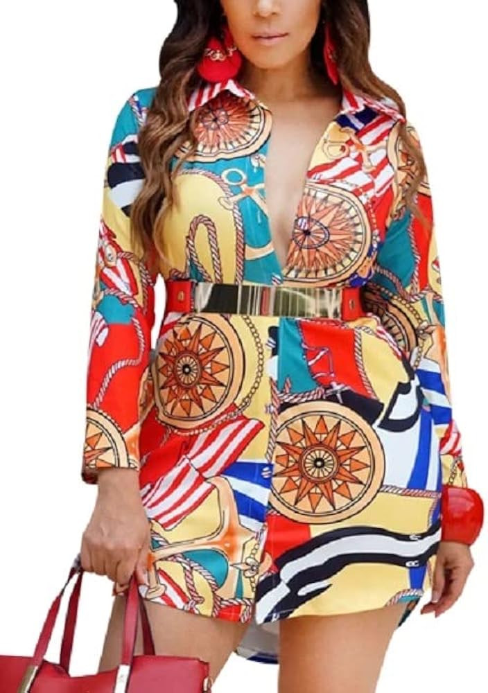 Shirt Dresses for Women Sexy Tops Button Down Shirts Dress Colorful Collar Blouses Long Sleeve Fl... | Amazon (US)