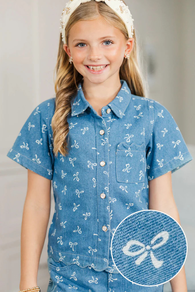 Girls: The Best Time Blue Denim Bow Blouse | The Mint Julep Boutique