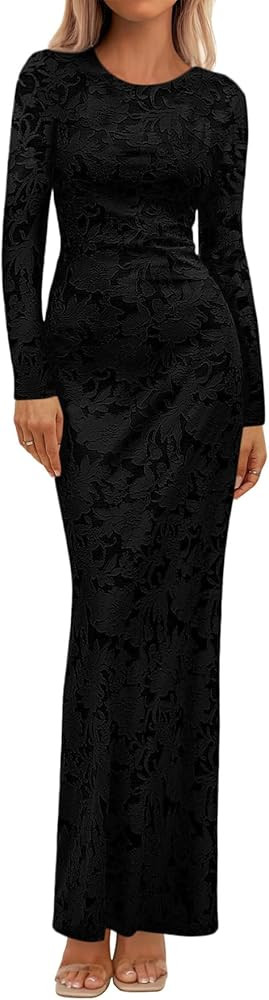 BTFBM Wedding Guest Dresses for Women 2025 Fall Elegant Floral Lace Ruched Long Sleeve Bodycon Co... | Amazon (US)
