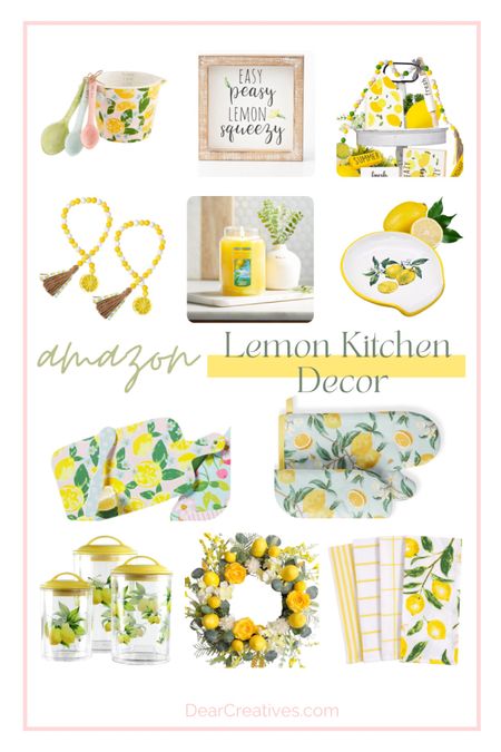 Lemon Kitchen Home Decor - Pretty lemon decorations for the kitchen; tiered tray decor, oven mitts, kitchen towels, wreath, spoon rest. Lemon scented candles, food containers with lids, measuring cups set… Great for gifts or decorating the home for spring or summer. #kitchen #decorating #Amazonfinds #lemons #spring #summer #giftideas 

#LTKSeasonal #LTKhome