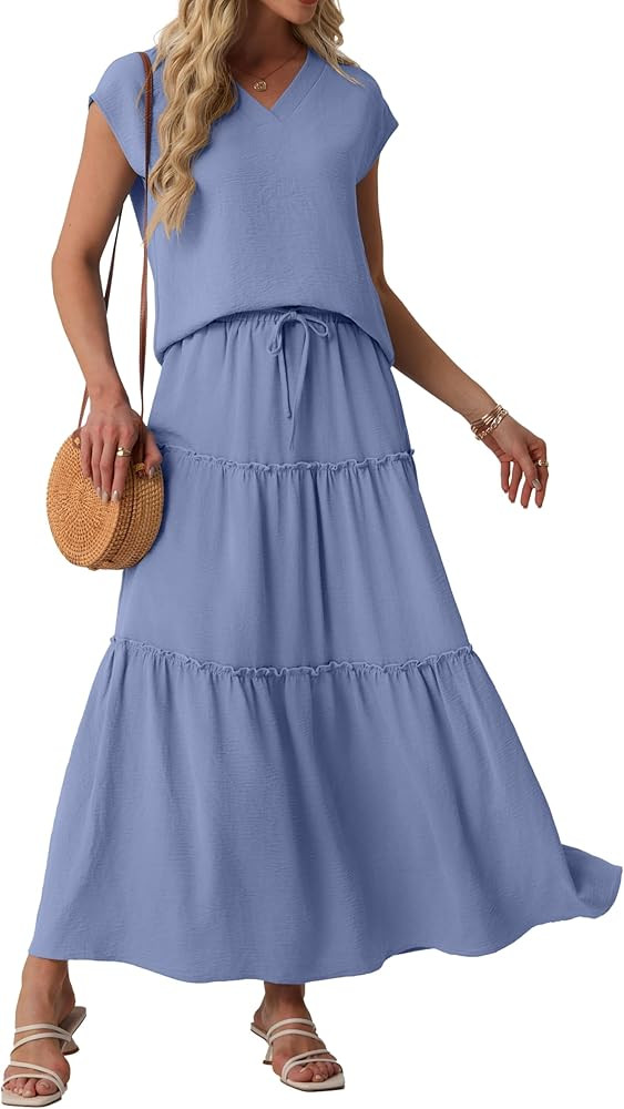 Lepunuo 2 Piece Skirt Sets for Women Flowy Maxi Skirts Cap Sleeve Tops Matching Sets Travel Vacat... | Amazon (US)