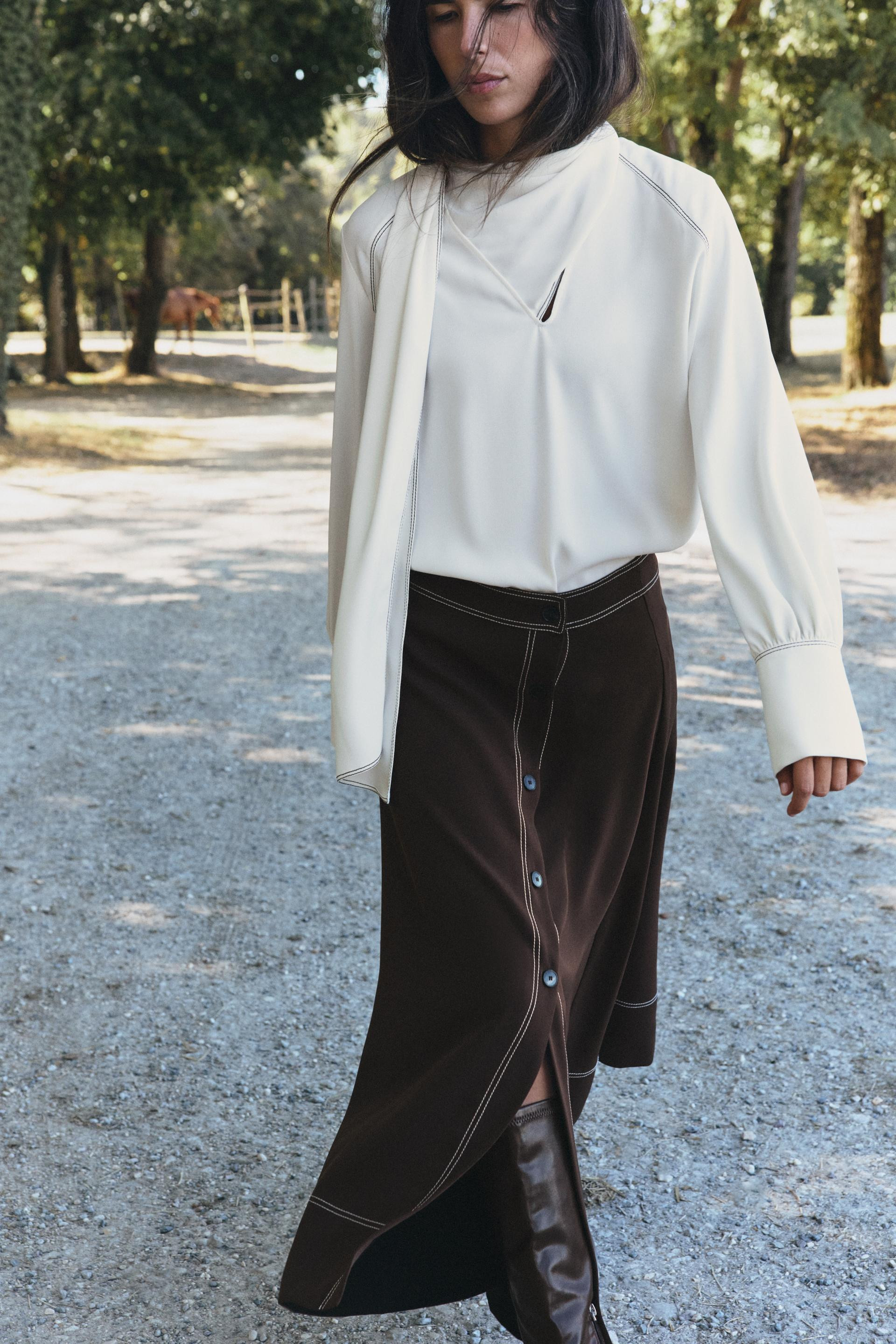 Zara - Contrast Stitch Scarf Blouse - Oyster-White - Xs - Woman | Zara US