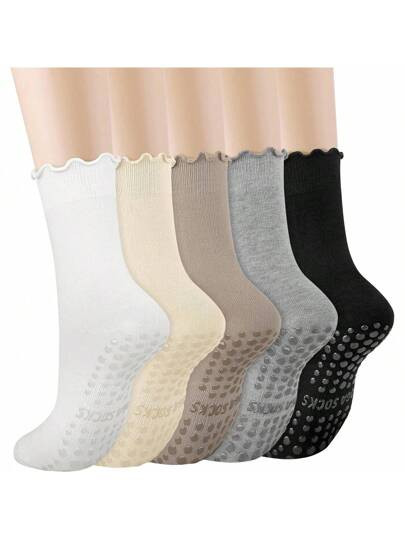 5 Pairs Ruffle Pilates Yoga Socks With Grips For Women, Cute Cotton Frilly Cuff Non Slip Grippy Athletic Crew Socks | SHEIN