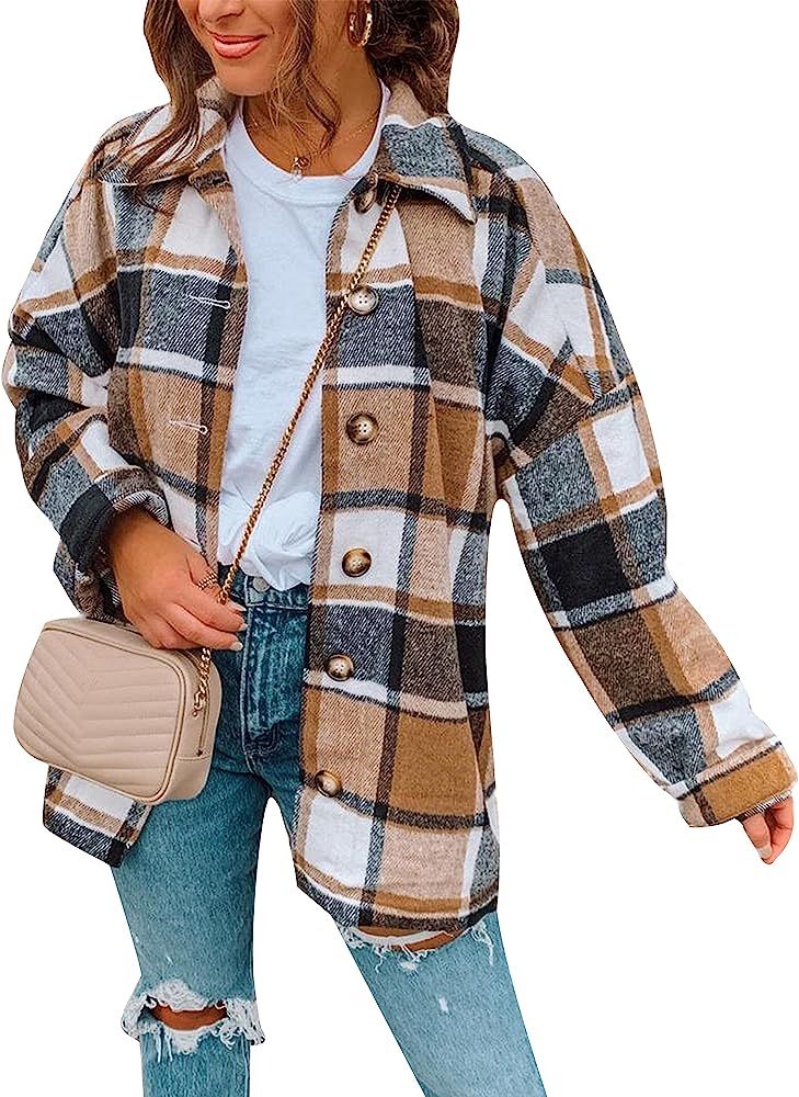 HangNiFang Womens Fall Color Block Plaid Flannel Jacket Shacket Button Down Shirts Coats | Amazon (US)