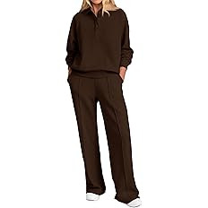 PRETTYGARDEN Women Fall 2 Piece Outfits Sweatsuits Quarter Button Long Sleeve Sweatshirt Wide Leg... | Amazon (US)