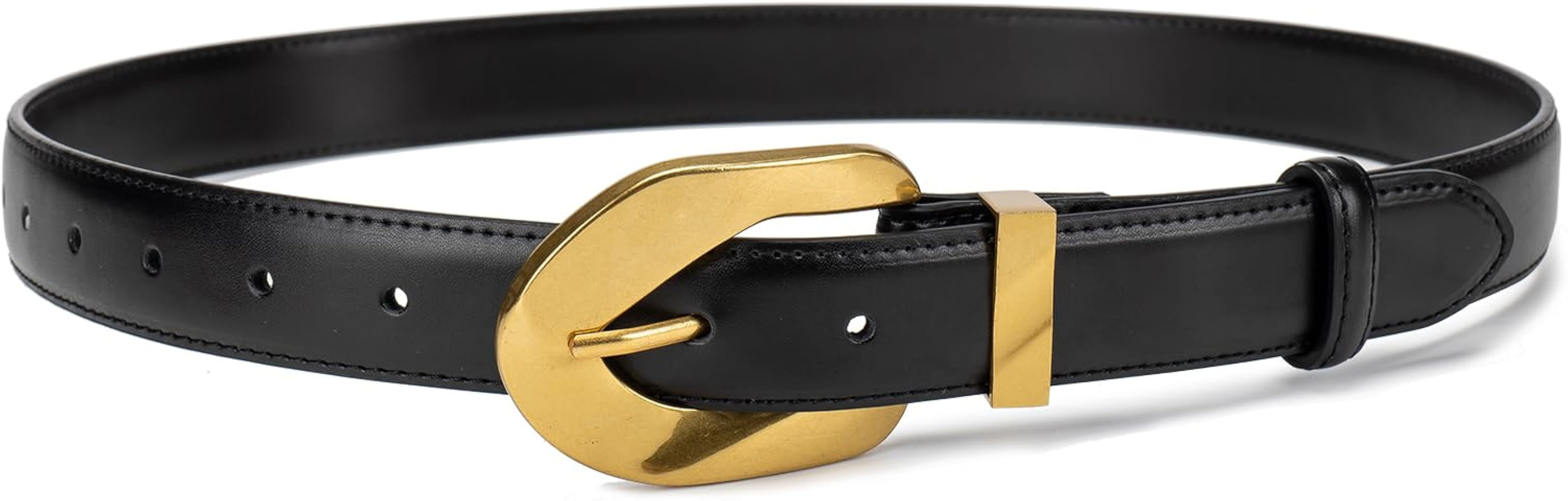 Women's Leather Belts for Jeans Gold Buckle Belt Fashion Slim Faux Leather Dress belt | Amazon (US)