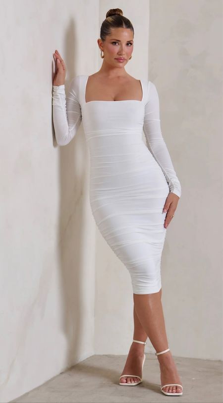 WHITE LONG SLEEVE SQUARE NECK RUCHED MIDI DRESS - Perfect for a wedding shower! Find the perfect white dress for your bridal shower! A cute white dress would be perfect for your wedding shower. Not sure what dress to wear for your wedding shower? Dress to impress at your next bridal shower with any of these dresses! Typically bridal showers have a less formal vibe than a wedding, so you can wear a casual-chic or dressy outfit. To help you find your perfect bridal shower outfit we curated some of the cutest outfits for you to choose from! #BridalShower #bridetobe #misstomrs #weddingshowertheme #instabride #futuremrs #weddingseason #whitedress #dressforweddings #bridaloutfit #summerweddings #bridegroom #bridalwear #instabride 

#LTKwedding #LTKstyletip #LTKFind