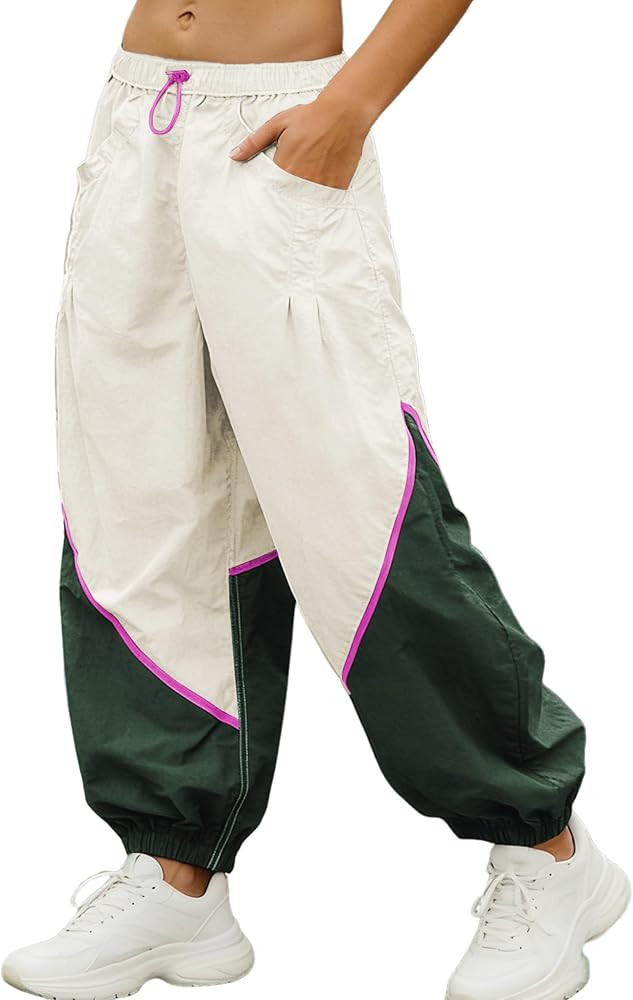 Faleave Women's Baggy Wide Leg Pants Elastic Drawcord Waist Color Block Workout Track Parachute P... | Amazon (US)