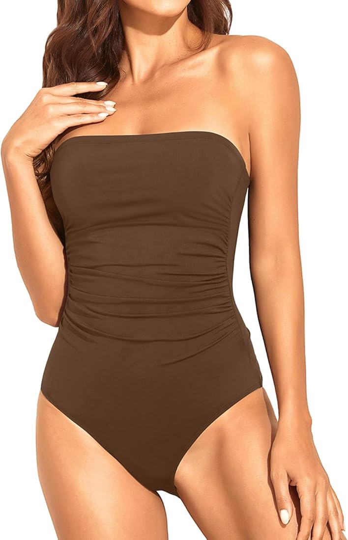 Holipick Women Tummy Control One Piece Swimsuits Strapless Bandeau Bathing Suits Slimming Halter ... | Amazon (US)
