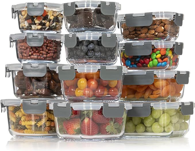 Glass Food Storage Containers with Lids - Hinged Locking Lids - 100% Leak Proof Glass Meal-Prep C... | Amazon (US)