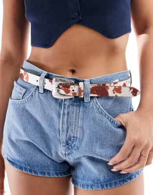 Pieces faux hair western buckle belt in cow print | ASOS | ASOS (Global)