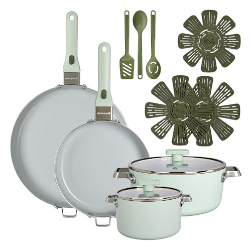 GoodCook Ceramic Cookware Set 14-Piece with Removable Handles, Nonstick Pots & Pans, Induction & Oven Safe, Sage Green | Amazon (US)