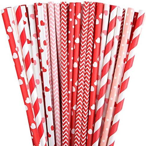 FEPITO 200Pcs Red and Pink Paper Straws Valentines Paper Straws Hearts Paper Straw Stripe Drinkin... | Amazon (US)