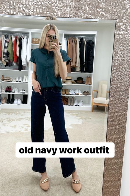 Old navy business casual work outfit. Size small in the satin blouse, size 0 long in wide leg denim pant. Teacher outfit.  Back to school 

#LTKunder100 #LTKworkwear #LTKsalealert