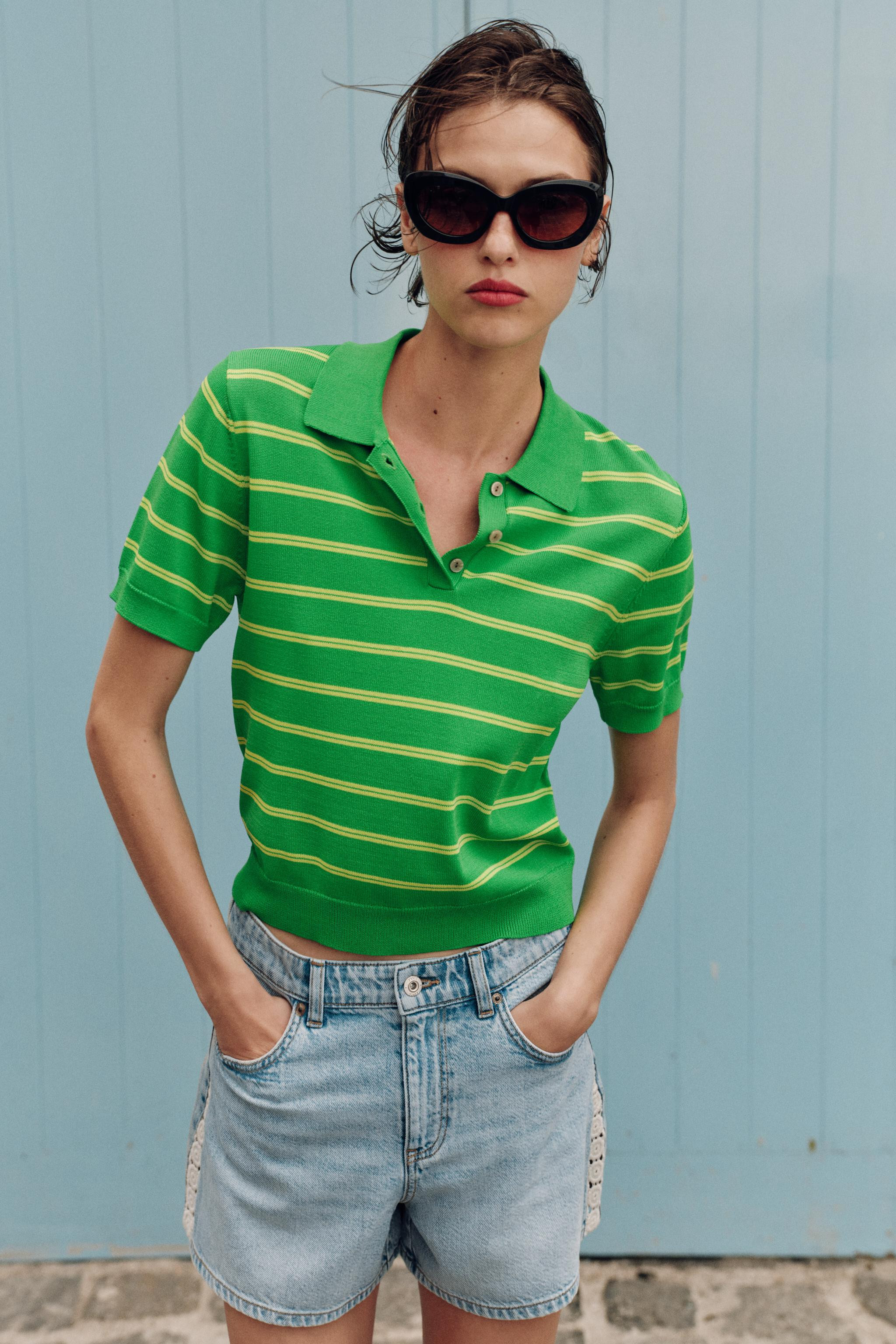 STRIPED SHORT SLEEVE KNIT POLO TOP | Zara US