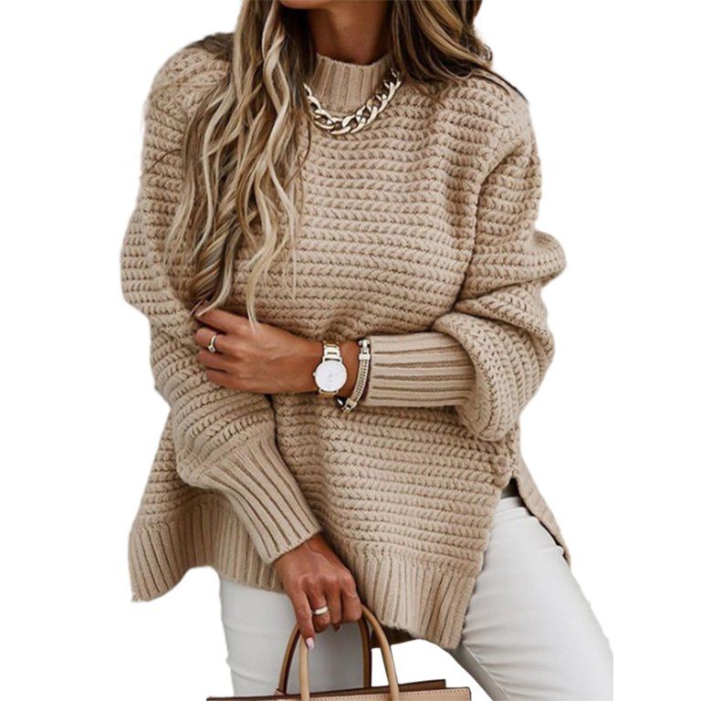 Rejlun Women Chunky Sweater Cozy Half Turtleneck Pullover Loungewear Jumper Tops Khaki L | Walmart (US)