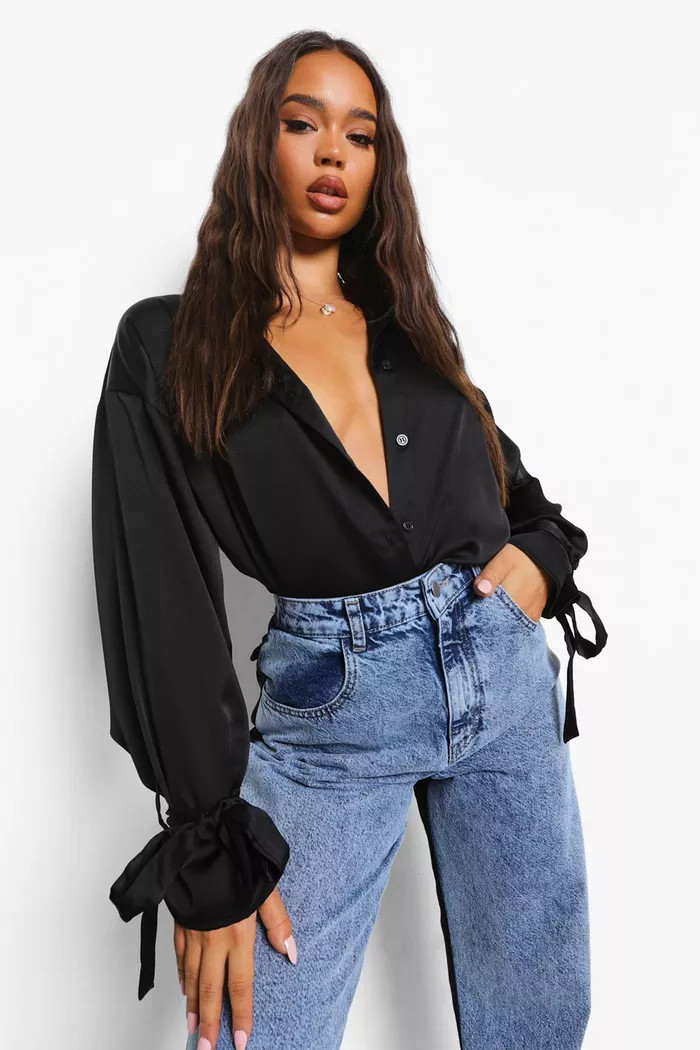 Tie Cuff Satin Oversized Shirt | boohoo (US & Canada)