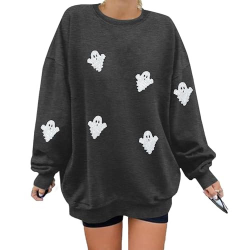 Halloween Sweatshirts for Women Halloween Spooky Season Sweatshirt Long Sleeve Crewneck Pullover Top Ghost Sweatshirts A-Dark Gray | Amazon (US)