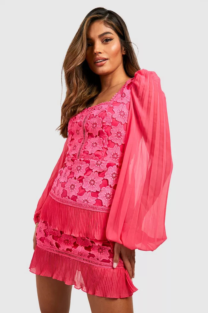Lace Pleated Frill Long Sleeve Mini Dress | Boohoo.com (US & CA)