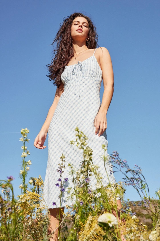 Daintily Dreaming White and Blue Sleeveless Gingham Midi Dress | Lulus (US)