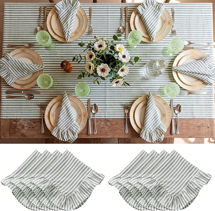 6 Pcs Ruffle Striped Napkins Linen Cotton Flounce Trim Dinner Napkins 18x18'' Farmhouse Ruffle Ta... | Amazon (US)