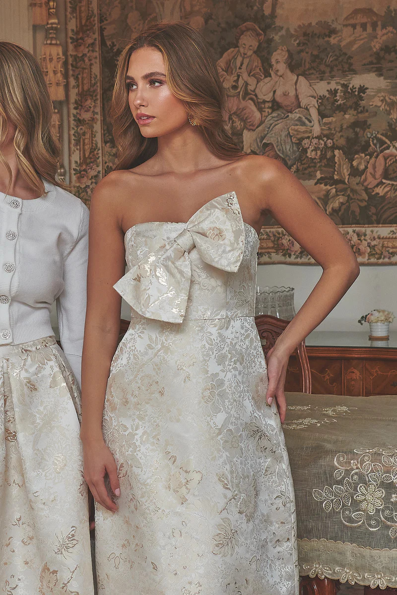Lola Jacquard Bow Strapless Midi Dress | Sugarlips