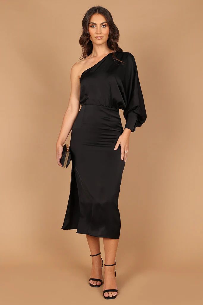 Regale One Shoulder Drape Midi Dress - Black | Petal & Pup (US)