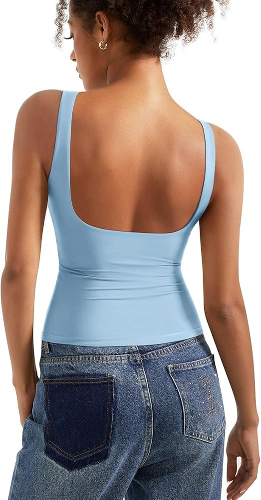SUUKSESS Women Padded Open Back Boat Neck Tank Tops Double Lined Basic Shirts | Amazon (US)