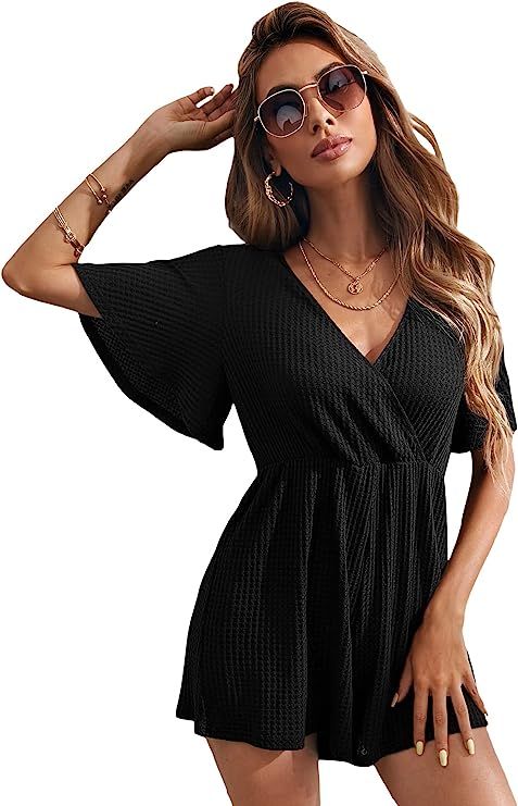 SheIn Women's Wrap V Neck Dress Rompers Short Sleeve Waffle Knit Short Jumpsuits | Amazon (US)