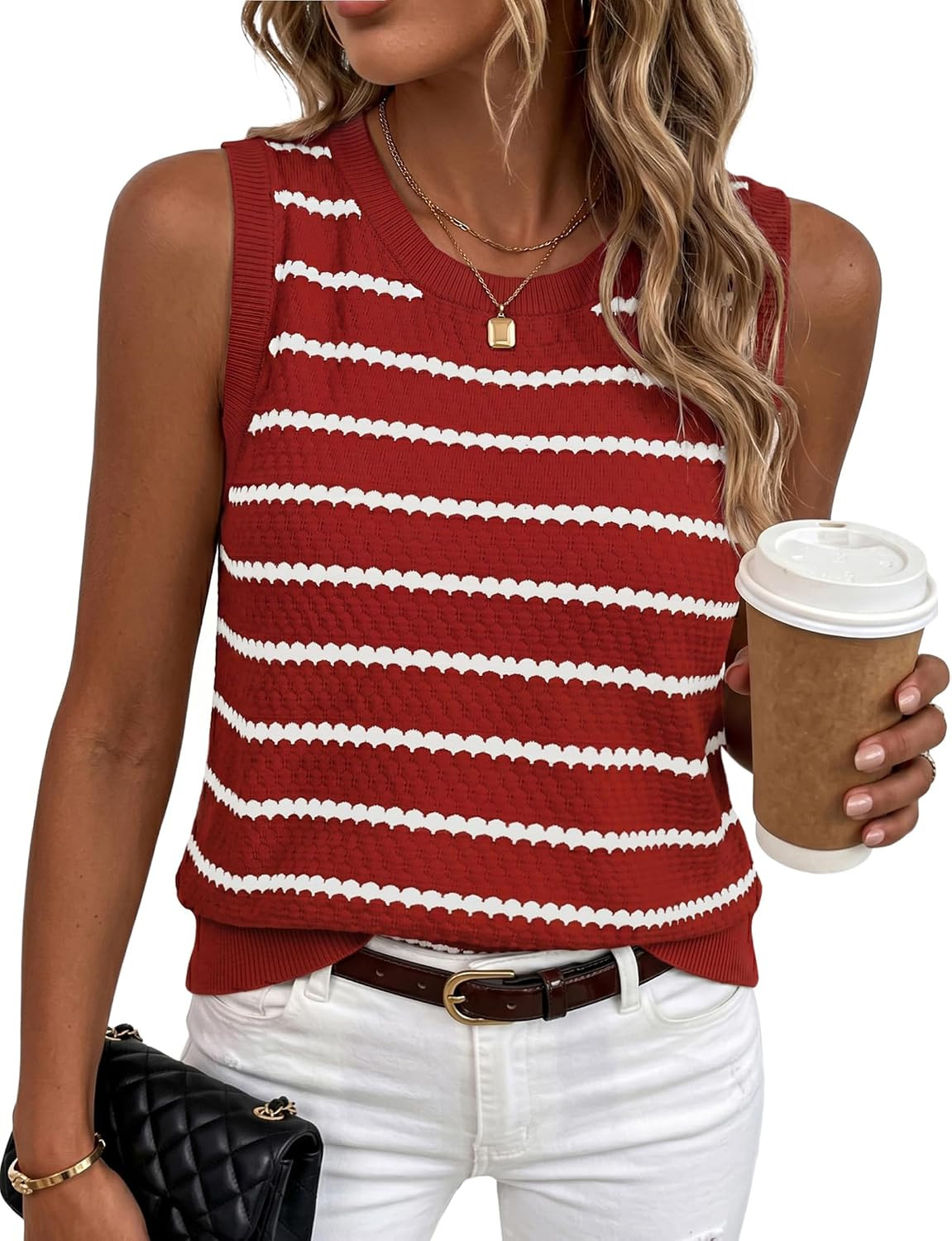 Women Sweater Vest Tank Top Crochet Striped Sleeveless Tops | Amazon (US)