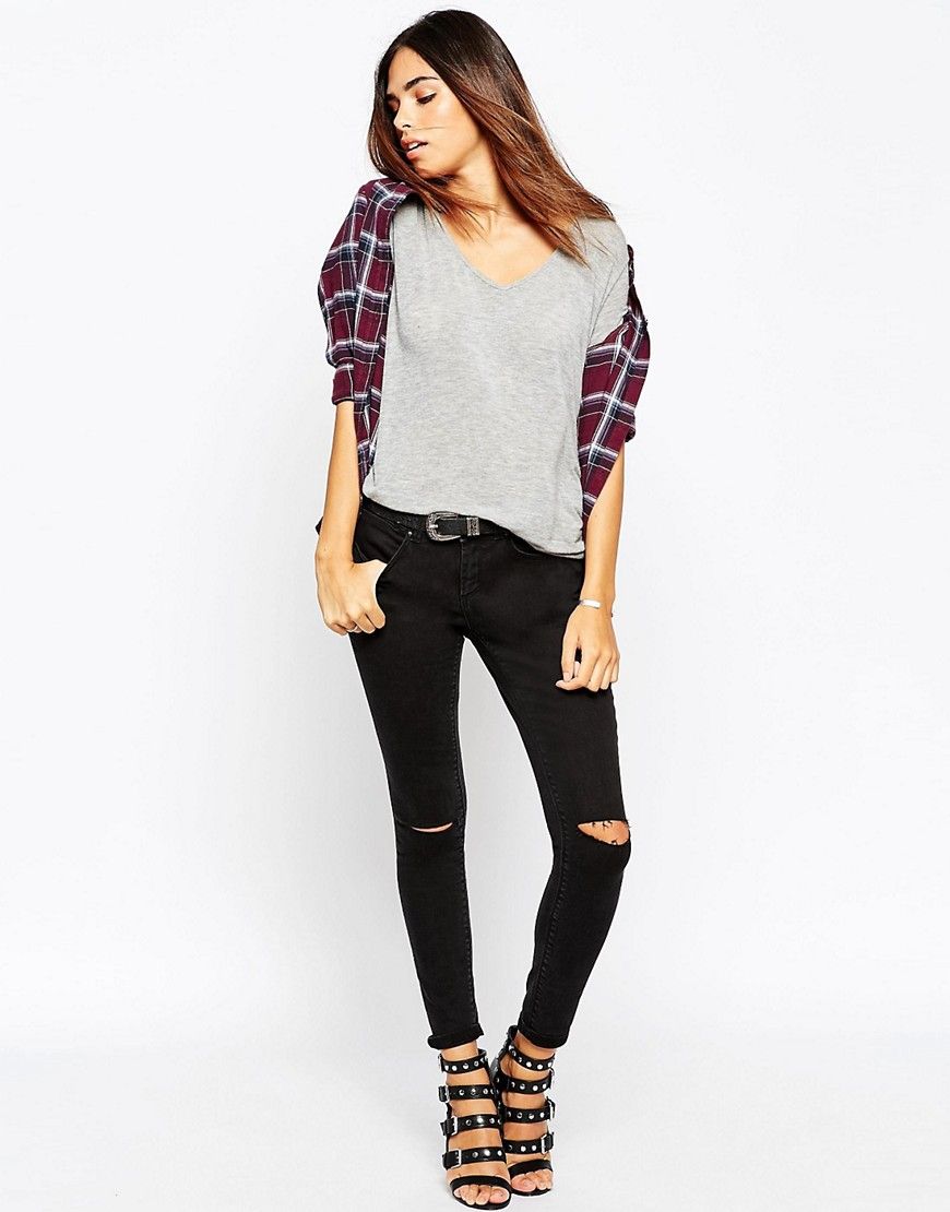 ASOS PETITE Whitby Low Rise Jeans In Washed Black With Two Displaced Ripped Knees | ASOS US