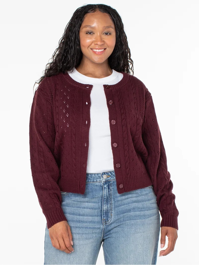 Celebrity Pink Women's Pointelle Crew Neck Cardigan Sweater, Sizes XS-XXXL | Walmart (US)