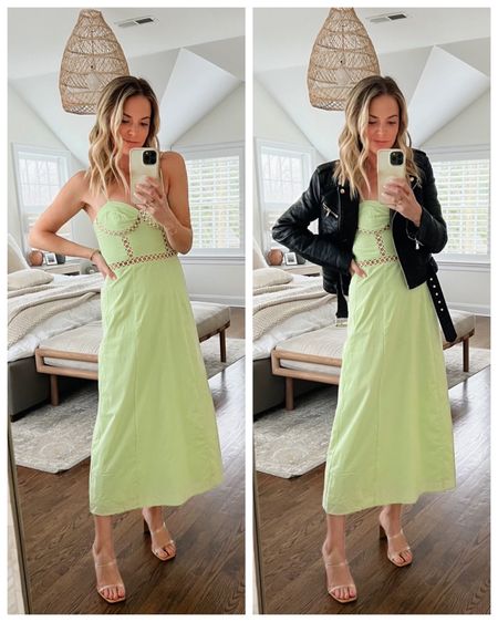 Neon cotton midi dress only $50 // 2 colors and has adjustable straps // I’m 5’5” wearing an XS 

Exact leather jacket is old French connection, linked similar 
 
Spring dress, summer dress, date night, vacation dress 

#LTKshoecrush #LTKunder100 #LTKunder50