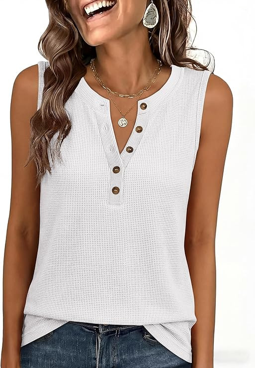 ANRABESS Womens Tank Top Waffle Knit Sleeveless Henley Shirts 2026 Summer Loose Button Up V Neck ... | Amazon (US)