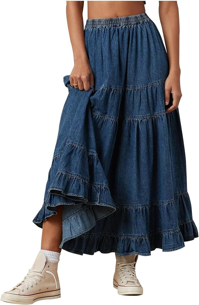 Women's Swing Chambray Maxi Skirt Elastic Waist Pleated Tiered Flowy Long Skirts Retro Denim Skir... | Amazon (US)
