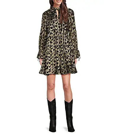 Gibson Latimer Woven Metallic Ogee Print Split Round Neck Long Peasant Sleeve Tiered A-Line Flounce Above the Knee Dress - | Dillard's