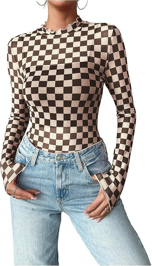 Floerns Women's Checker Print Long Sleeve T Shirts Sheer Mesh Plaid Print Tops | Amazon (US)