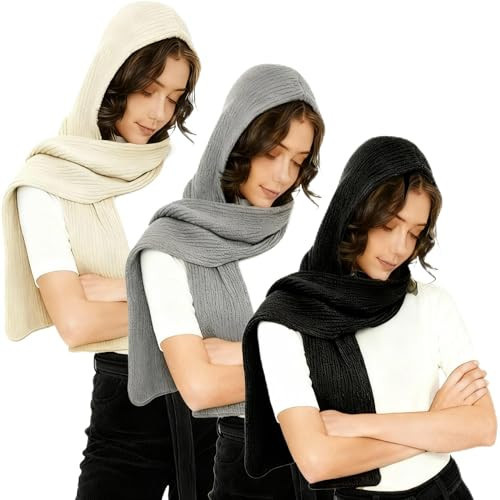 Chicingyou 3 Pcs Winter Knitted Hooded Scarf for Women Long Scarf Hat Warm Shawl Wrap Head Scarves for Cold Weather Outdoor(Classic Color) | Amazon (US)