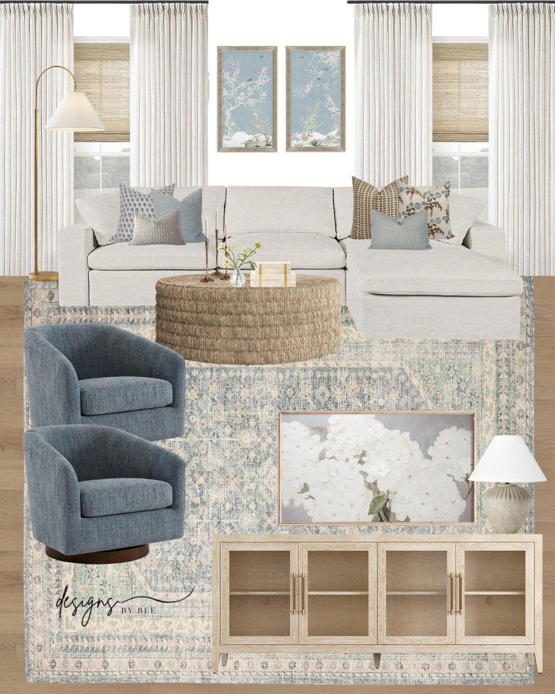 living room decor, coastal living room, transitional style, neutral living room, white sectional, blue swivel chairs, woven coffee table, jute coffee table, glass media console, wood sideboard, floral art, landscape painting, brass floor lamp, ceramic table lamp, vintage rug, blue and green rug, pleated drapes, patterned pillows, home styling, living room mood board 

 

#LTKHome