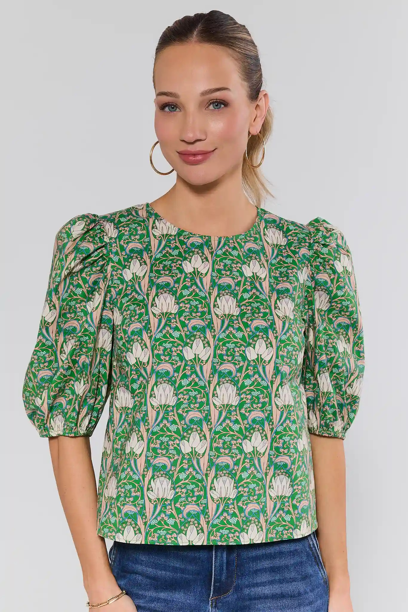 Kylie Green Printed Puff Sleeve Top | Avara