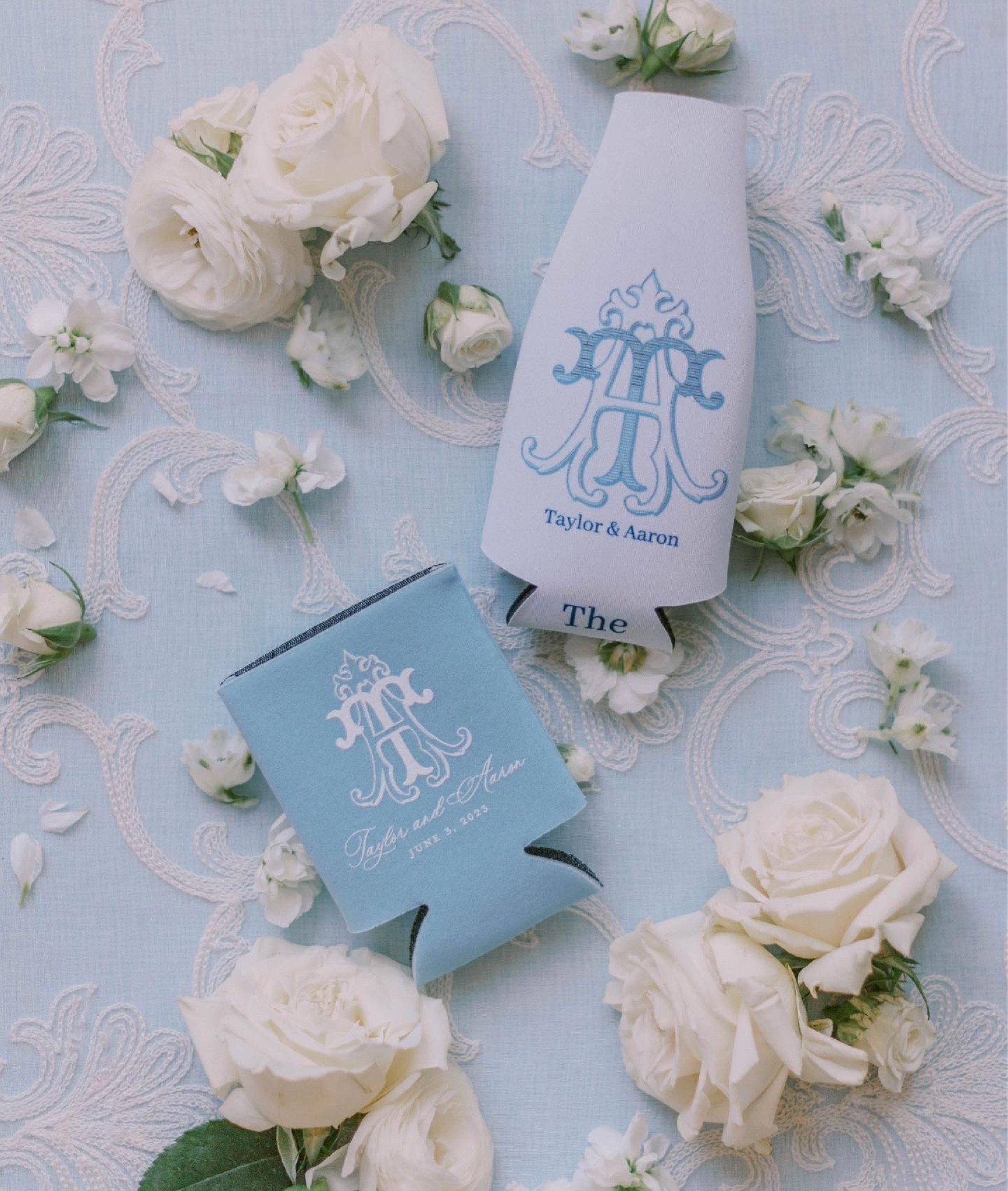 Wedding customized koozies 

#blueandwhitewedding #bride #weddingcrest #weddingdecor #weddingmonogram #koozies 

#LTKstyletip #LTKwedding #LTKunder50