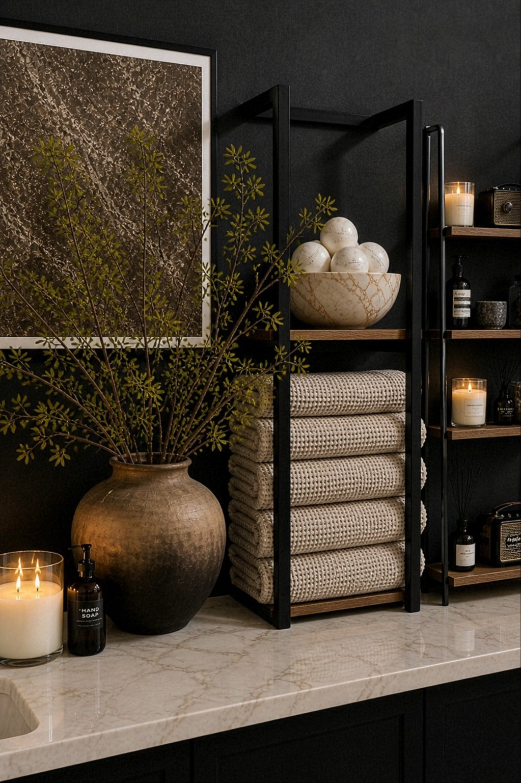 A moody bathroom sets the tone from the moment I wake up romanticizing my morning routines, to my evening wind downs. From dark walls to every wooden, neutral element added to make this room feel luxe, warm and intimate. #Bathroom #HomeDecor #InteriorDesign #HomeStyling #CozyHome 

#LTKHome #LTKSaleAlert