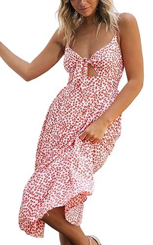 ECOWISH Womens Dress Summer Tie Front V-Neck Spaghetti Strap Button Down A-Line Backless Swing Mi... | Amazon (US)